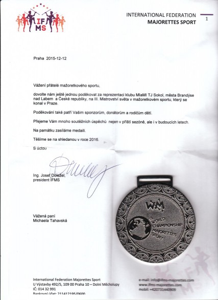 Dopis s pamětní medailí na III. MS 